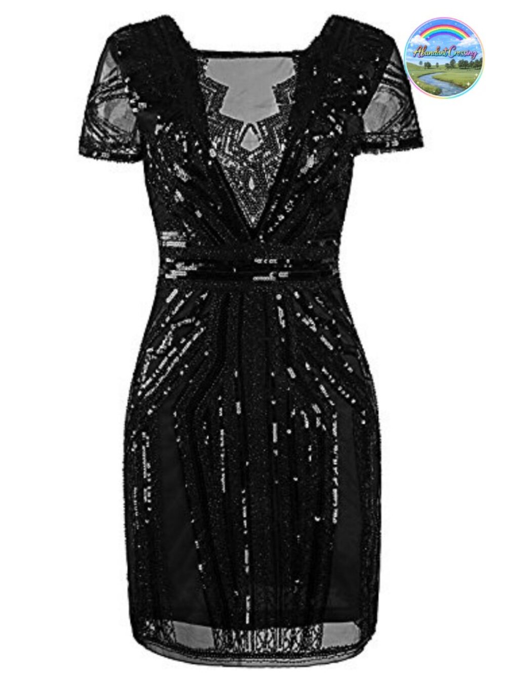 1920s Sequin Beaded Flapper Dress Art Deco Roaring 20s V-Neck Short Sleeve Women